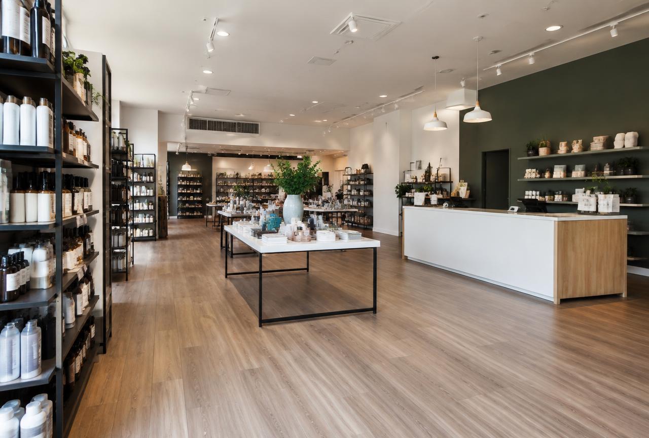 Durable wood-look commercial flooring running through a bright modern retail store interior.