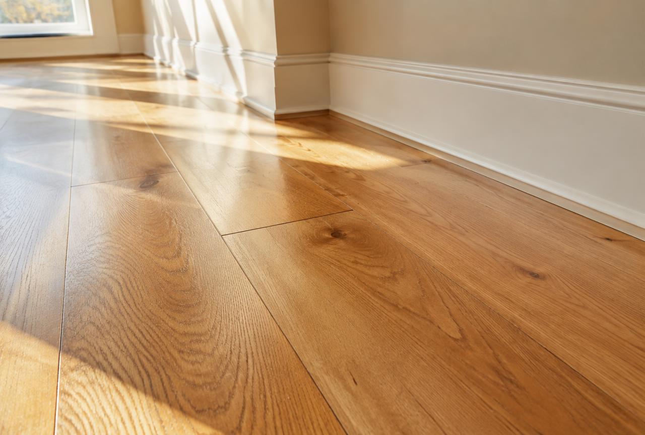Natural oak hardwood flooring with visible grain and tight seams in a sunlit Utah living room.