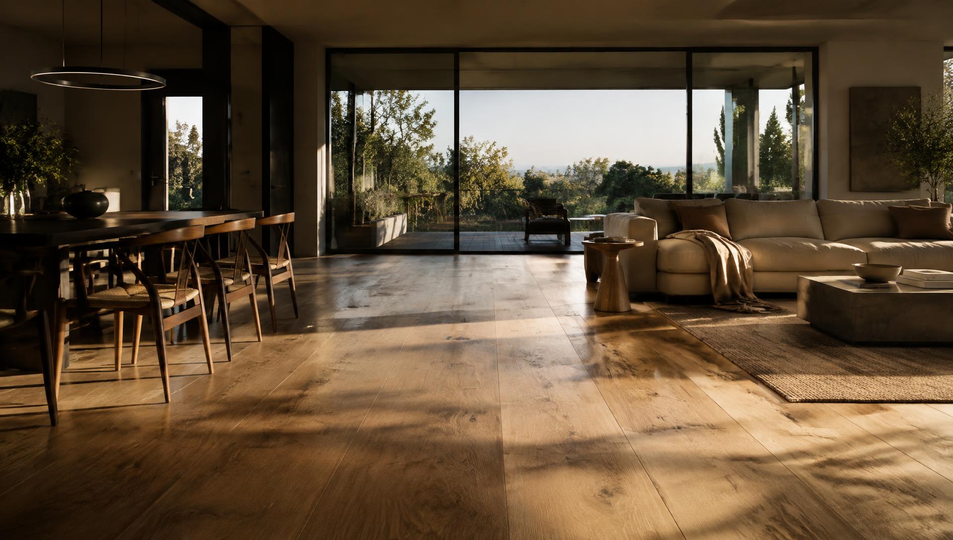 Warm wide-plank oak flooring running through a sunlit open-concept living and dining room.