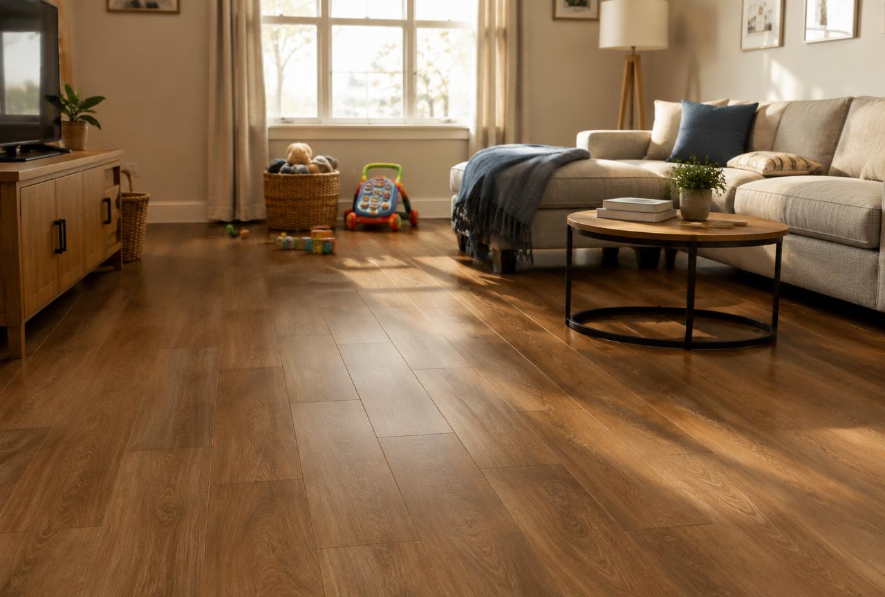 Medium brown laminate wood-look flooring in a warm family living room with a sofa and toys.