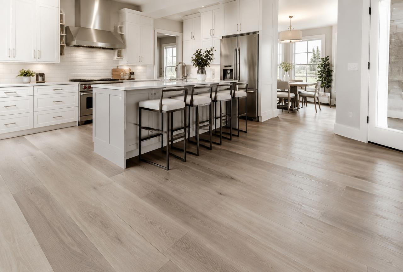 Light grey-brown luxury vinyl plank flooring running through an open-concept kitchen in a Utah home.
