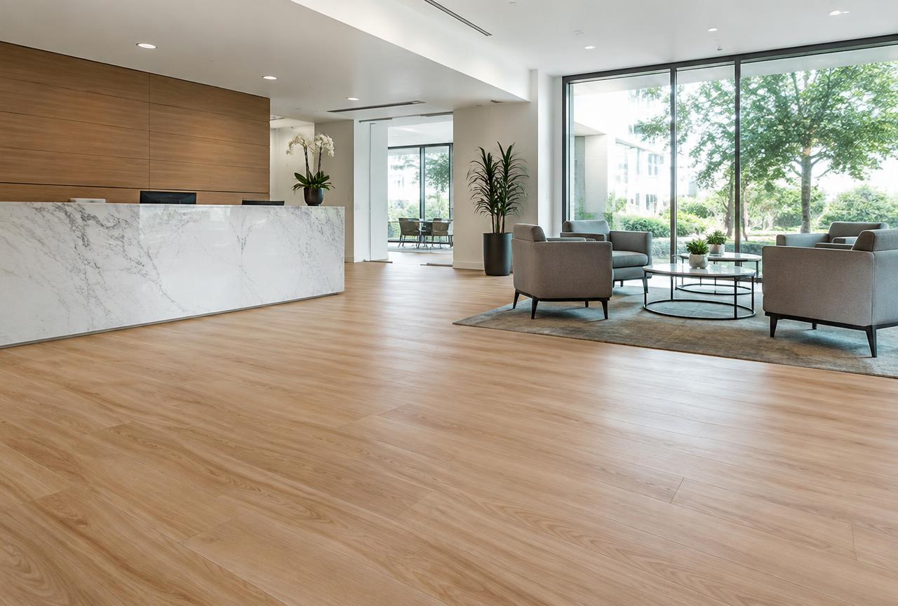 Glue-down luxury vinyl tile flooring in a bright modern office lobby with a low-profile seamless finish.