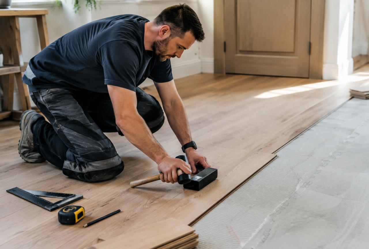 Flooring installer kneeling to tap a plank into place on a half-finished floor.