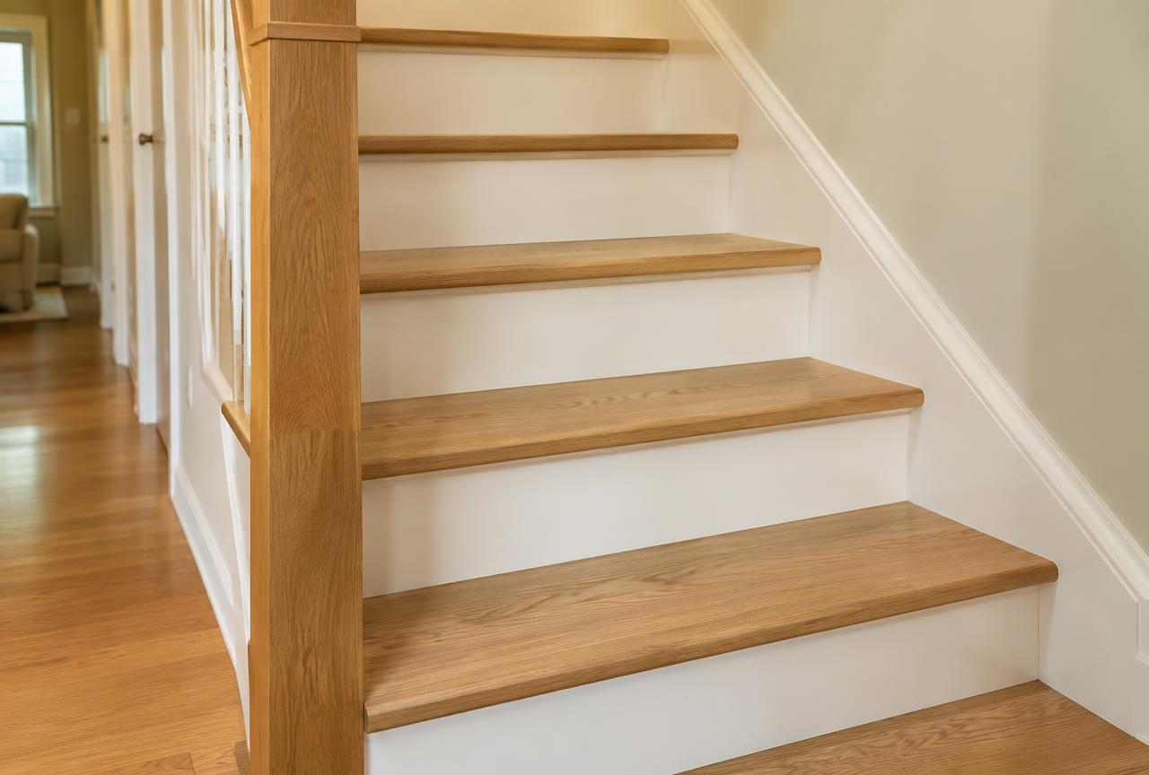 Oak stair treads with white risers and clean nosing detail meeting matching hardwood flooring.